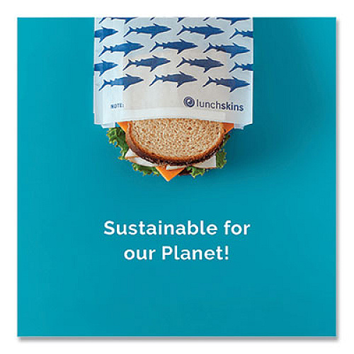 LUNCHSKINS Peel and Seal Sandwich Bag with Closure Strip, 6.3" x 2" x 7.9", Blue Sharks/White, 50/Box (854735005904)
