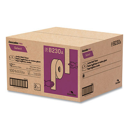 Cascades PRO Select Jumbo Bath Tissue, Septic Safe, 2-Ply, 3.3" x 750 ft, White, 12 Rolls/Carton (B230)