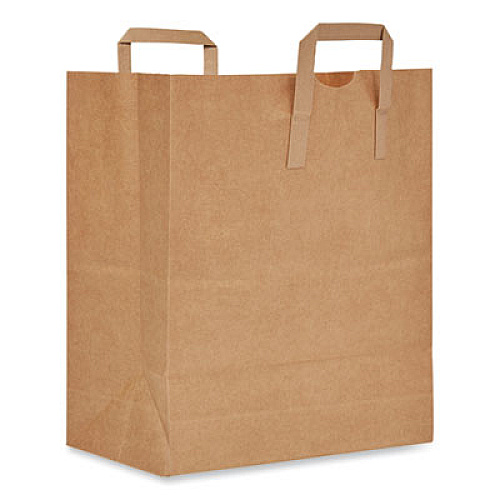 AJM Packaging Corporation Handle Bag, 1/7 BBL Size, 70# Basis Weight, Flat Handles, 12" x 7" x 14", Kraft, 300/Bundle (HB70NP3CLG)