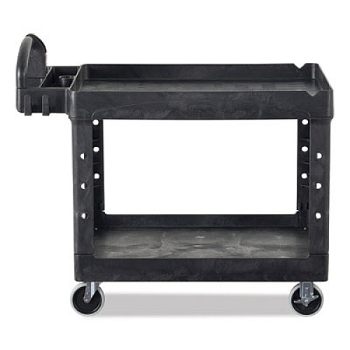 Rubbermaid Commercial BRUTE Heavy-Duty Utility Cart with Lipped Shelves, Plastic, 2 Shelves, 750 lb Capacity, 26" x 55" x 33.25", Black (4546BLA)