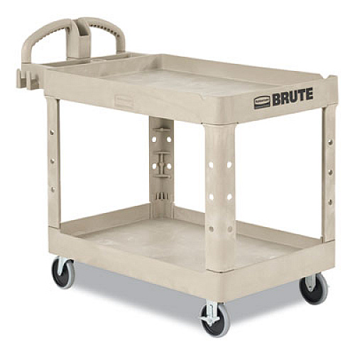 Rubbermaid Commercial BRUTE Heavy-Duty Utility Cart with Lipped Shelves, Plastic, 2 Shelves, 500 lb Capacity, 17.13" x 38.5" x 38.88", Beige (450088BG)