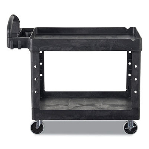 Rubbermaid Commercial BRUTE Heavy-Duty Utility Cart with Lipped Shelves, Plastic, 2 Shelves, 500 lb Capacity, 25.88" x 45.25" x 37.13", Black (452010BLA)