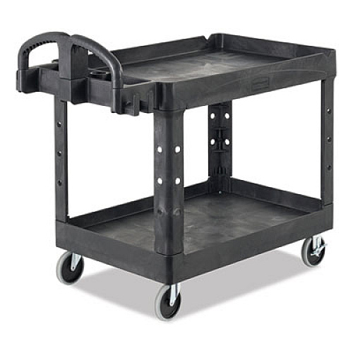 Rubbermaid Commercial BRUTE Heavy-Duty Utility Cart with Lipped Shelves, Plastic, 2 Shelves, 500 lb Capacity, 25.88" x 45.25" x 37.13", Black (452010BLA)