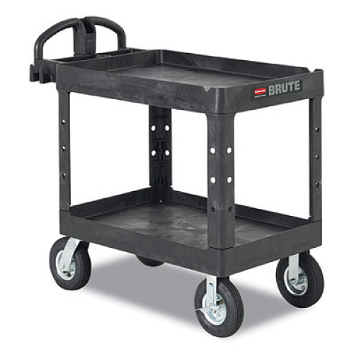 Rubbermaid Commercial BRUTE Heavy-Duty Utility Cart with Lipped Shelves, Plastic, 2 Shelves, 500 lb Capacity, 25.88" x 45.25" x 37.13", Black (452010BLA)