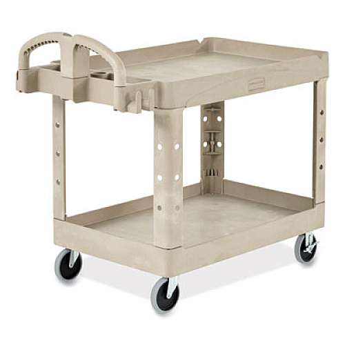 Rubbermaid Commercial BRUTE Heavy-Duty Utility Cart with Lipped Shelves, Plastic, 2 Shelves, 500 lb Capacity, 25.9" x 45.2" x 32.2", Beige (452088BG)