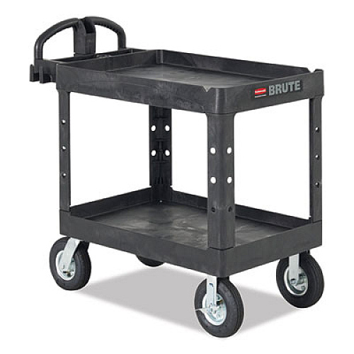 Rubbermaid Commercial BRUTE Heavy-Duty Utility Cart with Lipped Shelves, Plastic, 2 Shelves, 750 lb Capacity, 25.25" x 54" x 39.25", Black (454610BLA)