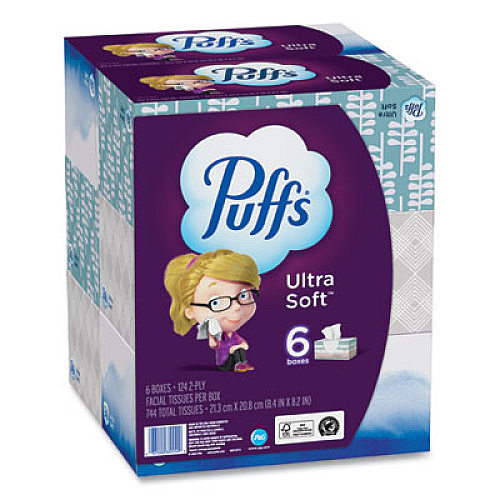 Puffs Ultra Soft Facial Tissue, 2-Ply, White, 124 Sheets/Box, 6 Boxes/Pack, 4 Packs/Carton (35554)