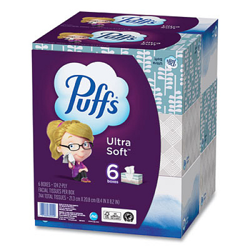 Puffs Ultra Soft Facial Tissue, 2-Ply, White, 124 Sheets/Box, 6 Boxes/Pack, 4 Packs/Carton (35554)