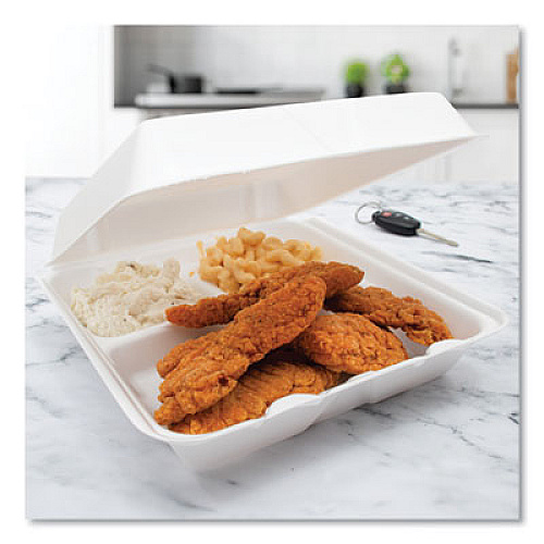 Dart Foam Hinged Lid Containers, 3 Compartments, 9.25 x 9.5 x 3, White, 100/Sleeve, 2 Sleeves/Carton (95HT3R)