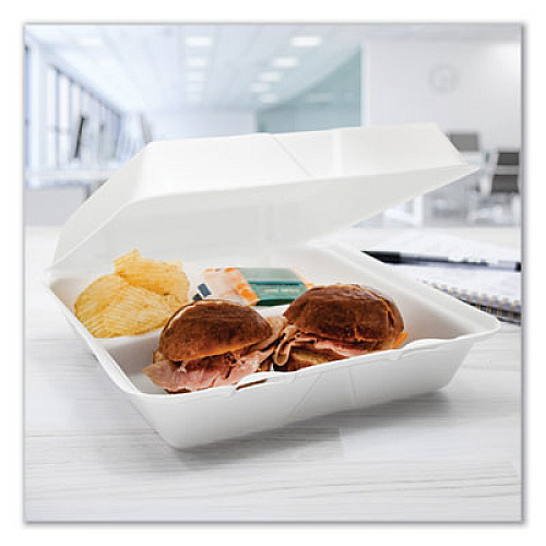 Dart Foam Hinged Lid Containers, 3 Compartments, 9.25 x 9.5 x 3, White, 100/Sleeve, 2 Sleeves/Carton (95HT3R)