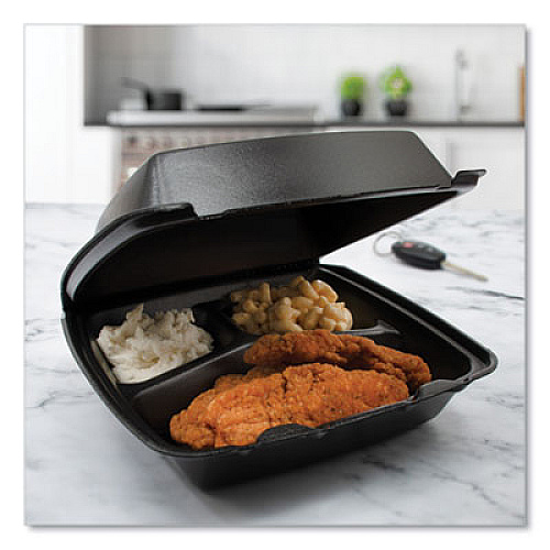 Dart Insulated Foam Hinged Lid Containers, 3 Compartments, 7.96 x 3.2 x 8.36, Black, 200/Carton (85HTB3R)