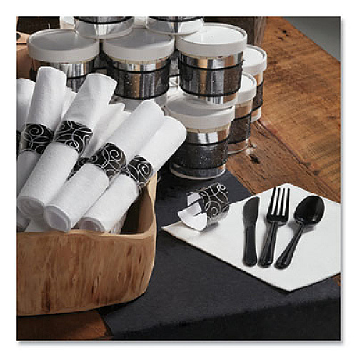 Hoffmaster CaterWrap Heavyweight Cutlery Combo Kit, Fork/Knife/Napkin/Spoon, Plastic, Black, 100/Carton (119971)