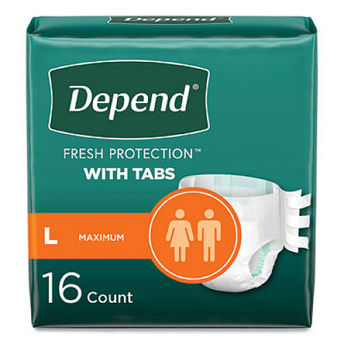 Depend Incontinence Protection with Tabs, Large, 35" to 49" Waist, 16/Pack, 3 Packs/Carton (35458)