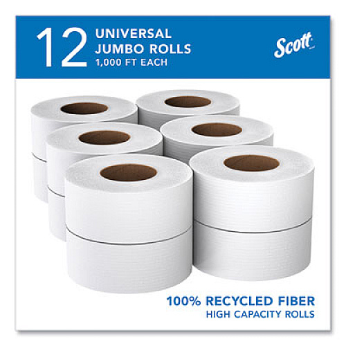 Scott Essential 100% Recycled Fiber JRT Bathroom Tissue for Business, Septic Safe, 2-Ply, 3.55" x 1,000 ft, White, 12 Rolls/Carton (67805)