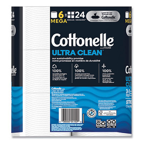 Cottonelle Ultra CleanCare Toilet Paper, Strong Tissue, Septic Safe, 1-Ply, White, 284 Sheets/Roll, 6 Rolls/Pack, 36 Rolls/Carton (55699)