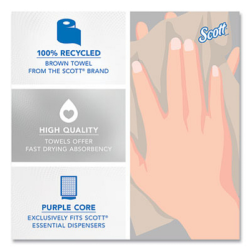 Scott Essential 100% Recycled Fiber Hard Roll Towel, 1-Ply, 8" x 700 ft, 1.5" Core, Brown, 6 Rolls/Carton (54038)