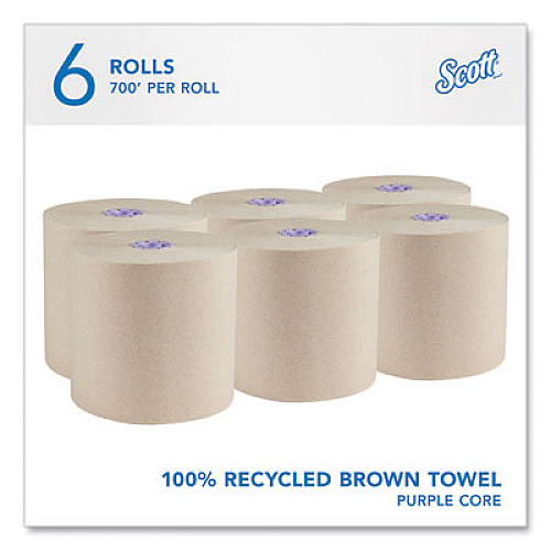 Scott Essential 100% Recycled Fiber Hard Roll Towel, 1-Ply, 8" x 700 ft, 1.5" Core, Brown, 6 Rolls/Carton (54038)