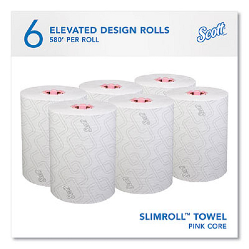 Scott Slimroll Towels, 1-Ply, 8" x 580 ft, White/Pink Core, Traditional Business, 6 Rolls/Carton (47032)