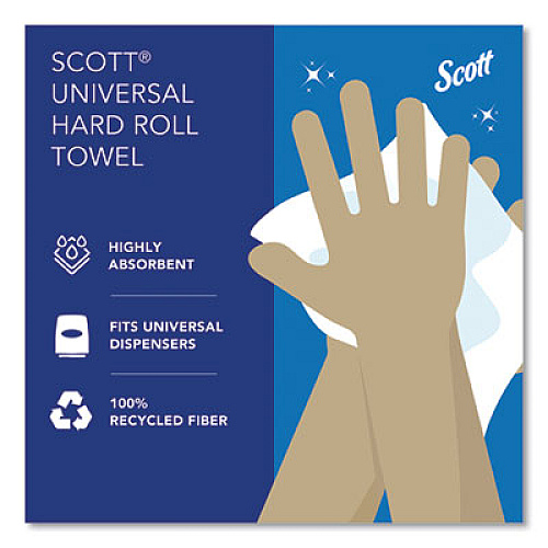 Scott Essential 100% Recycled Fiber Hard Roll Towel, 1-Ply, 8" x 800 ft, 1.5" Core, White, 12 Rolls/Carton (01052)