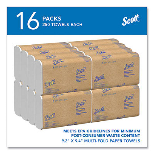 Scott Essential Multi-Fold Towels, Plus Tier, Absorbency Pockets, 1-Ply, 9.2 x 9.4, White, 250/Packs, 16 Packs/Carton (01804)