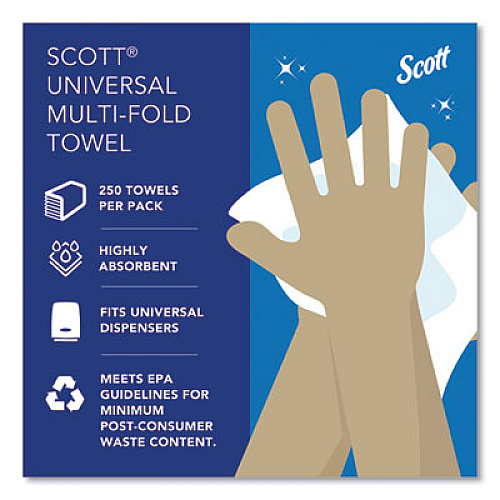 Scott Essential Multi-Fold Towels, Plus Tier, Absorbency Pockets, 1-Ply, 9.2 x 9.4, White, 250/Packs, 16 Packs/Carton (01804)