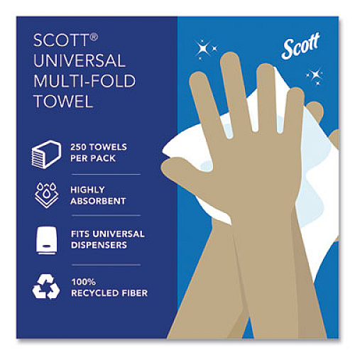 Scott Essential Multi-Fold Towels 100% Recycled, 1-Ply, 9.2 x 9.4, White, 250/Pack, 16 Packs/Carton (01807)