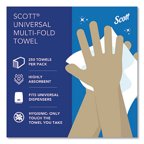 Scott Essential Multi-Fold Towels, Standard Tier, Absorbency Pockets, 1-Ply, 9.2 x 9.4, White, 250/Pack, 16 Packs/Carton (01840)