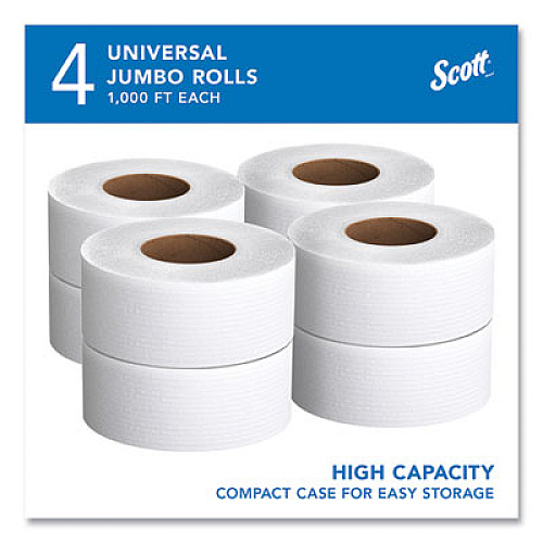Scott Essential JRT Jumbo Roll Bathroom Tissue, Septic Safe, 2-Ply, 3.55" x 1,000 ft, White, 4 Rolls/Carton (03148)