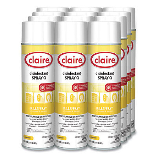 Claire Spray Q Disinfectant, Lemon Scent, 17 oz Aerosol Spray, Dozen (1002)