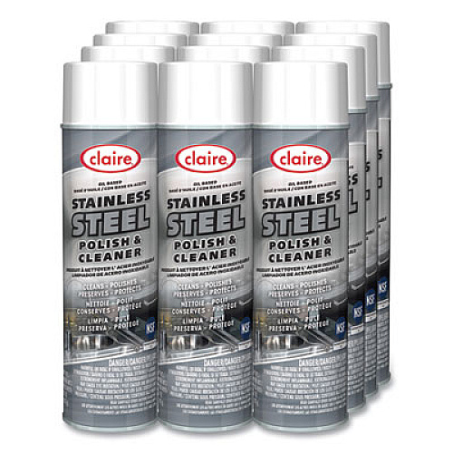 Claire Stainless Steel Polish and Cleaner, Lemon Scent, 15 oz Aerosol Spray, Dozen (841)