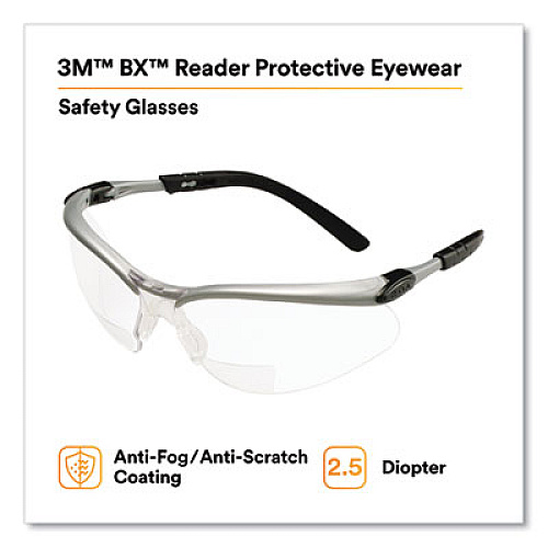 3M BX Molded-In Diopter Safety Glasses, 2.5+ Diopter, Silver/Black Half Frame, Clear Dual Lens (1137600000)