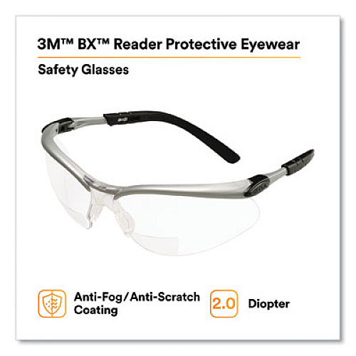 3M BX Molded-In Diopter Safety Glasses, 2.0+ Diopter, Silver/Black Half Frame, Clear Dual Lens (1137500000)