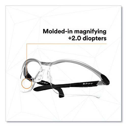 3M BX Molded-In Diopter Safety Glasses, 2.0+ Diopter, Silver/Black Half Frame, Clear Dual Lens (1137500000)