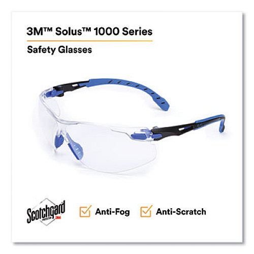 3M Solus 1000 Series Safety Glasses, Frameless, Blue Arms, Clear Single Lens (S1101SGAF)