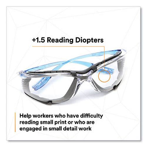 3M Virtua CCS Protective Eyewear with Foam Gasket, 1.5+ Diopter, Blue Half Frame, Clear Dual Lens (VC215AF)
