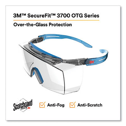 3M SecureFit 3700 Protective Eyewear, Blue Half Frame OTG, Clear Single Lens (SF3701XSGAB)