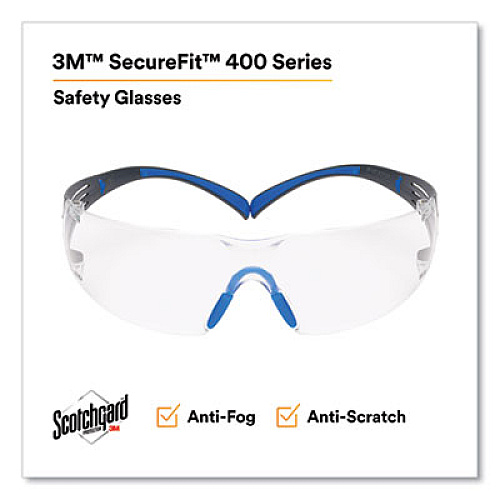 3M SecureFit 400 Protective Eyewear, Frameless, Black/Blue Arms, Clear Single Lens (SF401SGAFBLU)