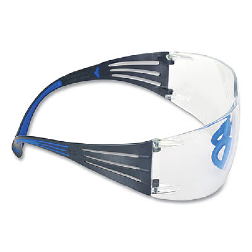 3M SecureFit 400 Protective Eyewear, Frameless, Black/Blue Arms, Clear Single Lens (SF401SGAFBLU)
