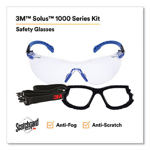 3M Solus 1000 Series Safety Glasses, Frameless, Black/Blue Arms, Clear Single Lens (S1101SGAFKT)