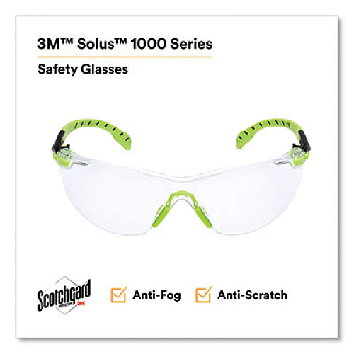 3M Solus 1000 Series Safety Glasses, Frameless, Black/Green Arms, Clear Single Lens (S1201SGAF)