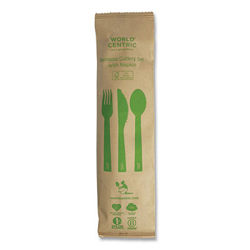 World Centric Bamboo Cutlery, Fork/Knife/Napkin/Spoon, Paper, Natural, 250/Carton (ASBBTN)