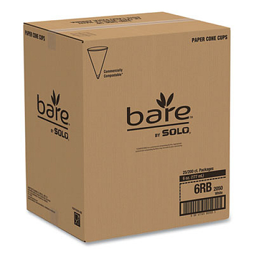 SOLO Bare Eco-Forward Treated Paper Cone Cups, ProPlanet Seal, 6 oz, White, 200/Sleeve, 25 Sleeves/Carton (6RBU)