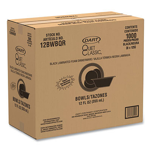 Dart Quiet Classic Laminated Foam Dinnerware, Bowl, 12 oz, Black, 1,000/Carton (12BWBQR)