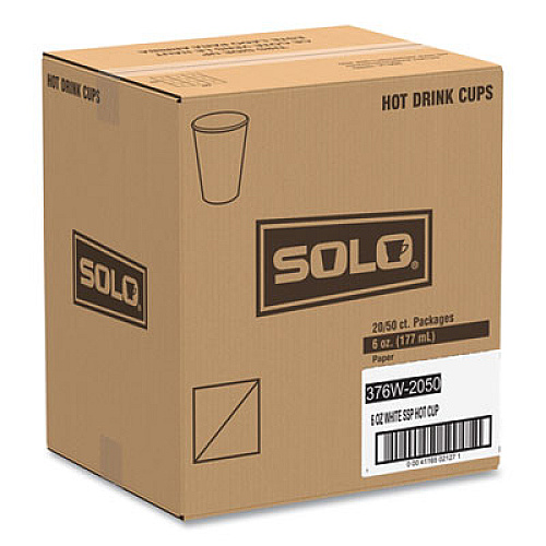 SOLO Single-Sided Poly Paper Hot Cups, 6 oz, White, 50/Pack, 20 Packs/Carton (376W)