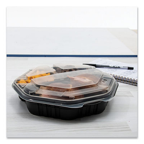 SOLO OctaView Hinged-Lid Hot Food Containers, 3 Compartments, 38 oz, 9.55 x 9.1 x 2.4, Black/Clear, Plastic, 100/Carton (809014PP94)