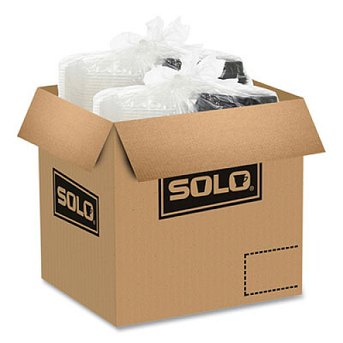 SOLO OctaView Hinged-Lid Hot Food Containers, 3 Compartments, 38 oz, 9.55 x 9.1 x 2.4, Black/Clear, Plastic, 100/Carton (809014PP94)