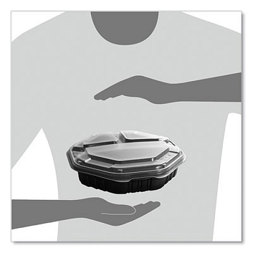 SOLO OctaView Hinged-Lid Hot Food Containers, 3 Compartments, 38 oz, 9.55 x 9.1 x 2.4, Black/Clear, Plastic, 100/Carton (809014PP94)