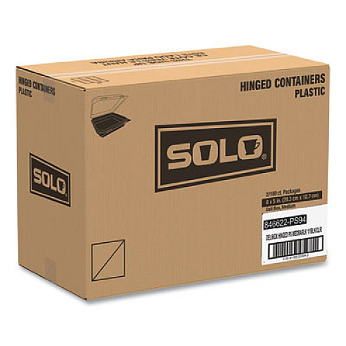 SOLO Creative Carryouts Hinged Plastic Hot Deli Boxes, 28 oz, 7.87 x 5.4 x 3, Black/Clear, 200/Carton (846622PS94)
