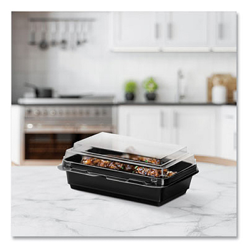 SOLO Creative Carryouts Hinged Plastic Hot Deli Boxes, 28 oz, 7.87 x 5.4 x 3, Black/Clear, 200/Carton (846622PS94)