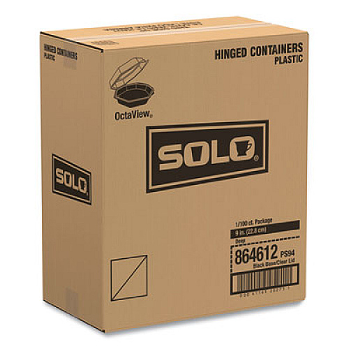 SOLO OctaView Hinged-Lid Cold Food Containers, 42 oz, 9.57 x 9.2 x 3.2, Black/Clear, Plastic, 100/Carton (864612PS94)